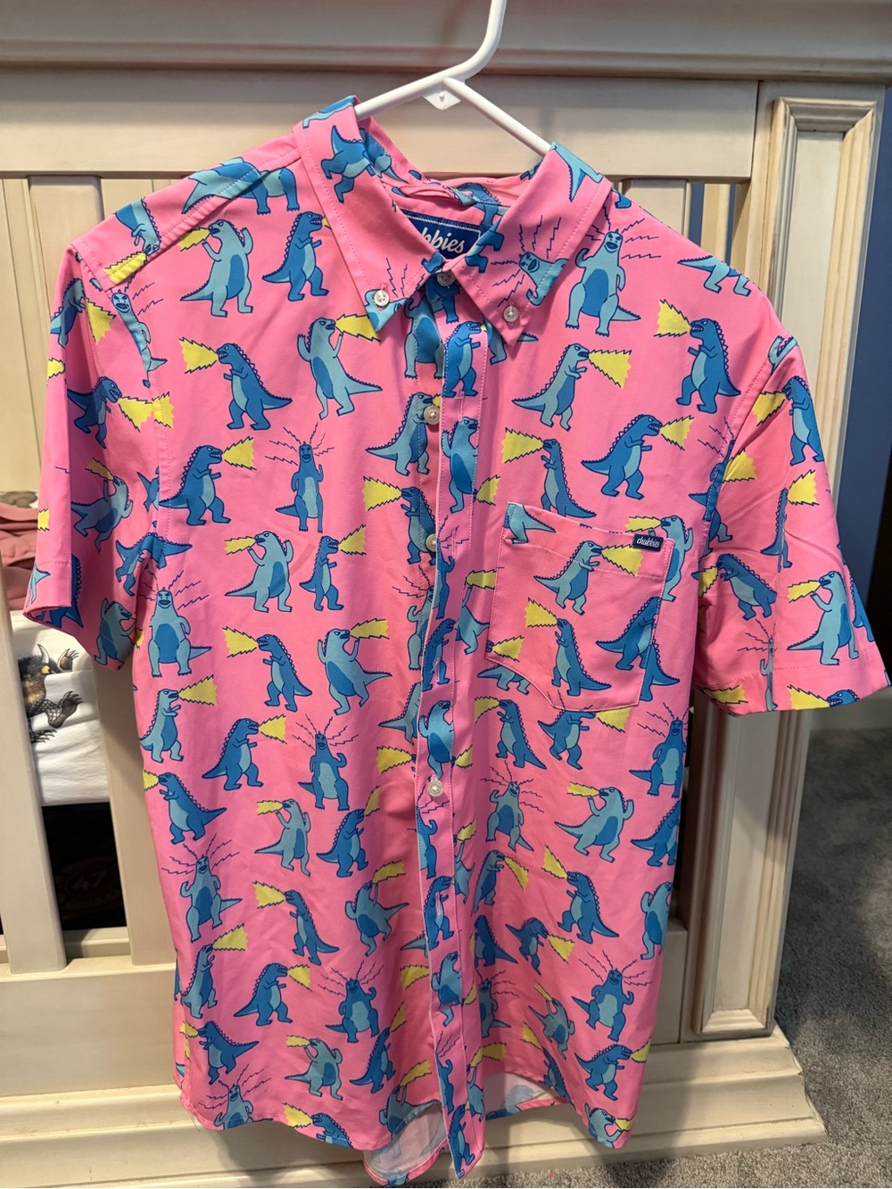 chubbies Pink Short-Sleeve Button-Down Shirt with Blue Dino Print